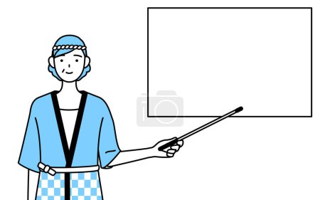 Illustration for Senior woman wearing Happi coat for summer festivals pointing at a whiteboard with an indicator stick, Vector Illustration - Royalty Free Image