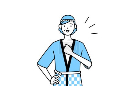 Illustration for Senior woman wearing Happi coat for summer festivals tapping her chest, Vector Illustration - Royalty Free Image