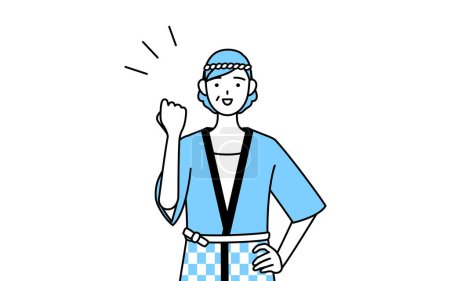 Illustration for Senior woman wearing Happi coat for summer festivals posing with guts, Vector Illustration - Royalty Free Image