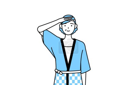 Illustration for Senior woman wearing Happi coat for summer festivals making a salute, Vector Illustration - Royalty Free Image
