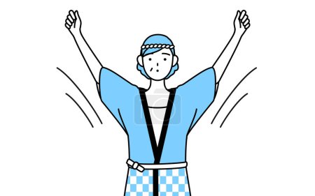 Ilustración de Mujer mayor usando abrigo Happi para festivales de verano haciendo calistenia de radio, preparación para la prevención de accidentes, ilustración vectorial - Imagen libre de derechos