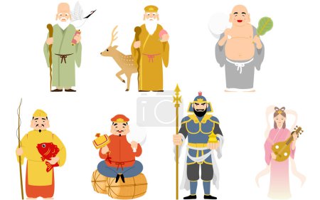 Illustration for Seven gods of good fortune: Ebisu, Daikokuten, Bishamonten, Benzaiten, Fukurokuju, Jurojin, and Hotei, Vector Illustarion - Royalty Free Image