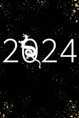Ilustración de Tarjeta de felicitación de Año Nuevo para el año del dragón 2024, silueta de dragón (serpiente) y fondo negro, material de postal de Año Nuevo, ilustración vectorial - Imagen libre de derechos