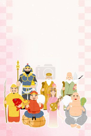 Illustration for Japanese New Year's greeting card for the year of the Dragon, 2024, Seven Lucky Gods with a pink Japanese pattern background checkerboard check, Vector Illustration - Royalty Free Image