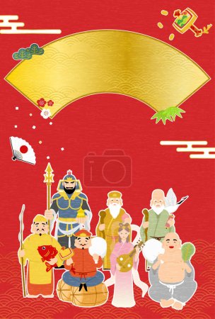 Illustration for Japanese New Year's greeting card for the year of the Dragon, 2024, Seven Lucky Gods and Japanese Background Blue Sea Waves, Vector Illustration - Royalty Free Image