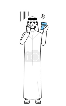 Illustration for Muslim Man looking at his bankbook and feeling depressed, Vector Illustration - Royalty Free Image