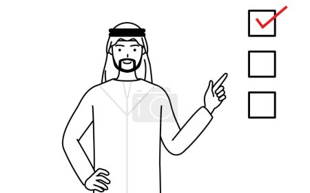 Illustration for Muslim Man pointing to a checklist, Vector Illustration - Royalty Free Image