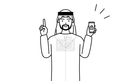 Téléchargez les illustrations : Homme musulman prenant des mesures de sécurité pour son téléphone, Illustration vectorielle - en licence libre de droit
