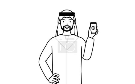 Illustration for Muslim Man using a smartphone at work, Vector Illustration - Royalty Free Image