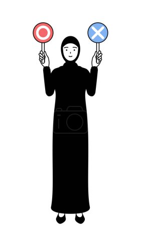 Illustration for Muslim Woman holding a placard indicating correct and incorrect answers, Vector Illustration - Royalty Free Image