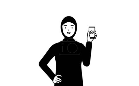 Illustration for Muslim Woman using a smartphone at work, Vector Illustration - Royalty Free Image