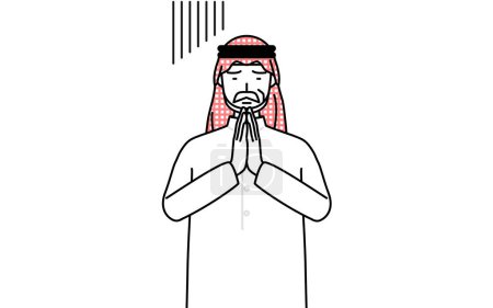 Illustration for Senior Muslim Man apologizing with his hands in front of his body, Vector Illustration - Royalty Free Image
