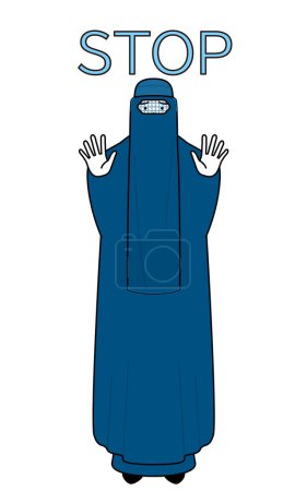 Illustration for Muslim woman in burqa with her hands out in front of her body, signaling a stop, Vector Illustration - Royalty Free Image