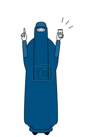 Illustration for Muslim woman in burqa taking security measures for her phone, Vector Illustration - Royalty Free Image