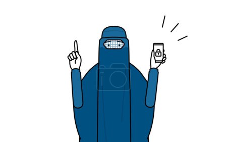 Téléchargez les illustrations : Femme musulmane à Burqa prendre des mesures de sécurité pour son téléphone, Illustration vectorielle - en licence libre de droit