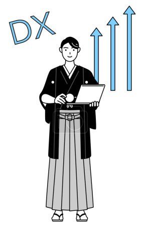 Téléchargez les illustrations : Image de DX, Homme portant Hakama avec crête qui a réussi à améliorer son entreprise, Illustration vectorielle - en licence libre de droit