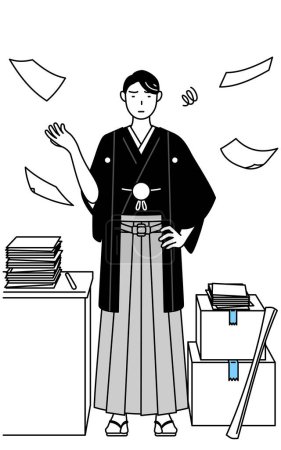 Illustration for Man wearing Hakama with crest who is fed up with his unorganized business, Vector Illustration - Royalty Free Image