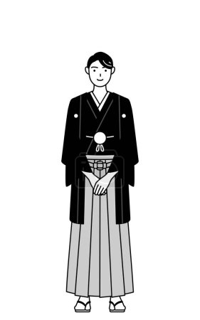Téléchargez les illustrations : Homme portant Hakama avec crête arc avec les mains pliées, Illustration vectorielle - en licence libre de droit
