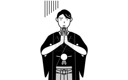 Téléchargez les illustrations : Homme portant Hakama avec la crête s'excusant avec ses mains devant son corps, Illustration vectorielle - en licence libre de droit