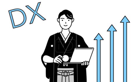 Téléchargez les illustrations : Image de DX, Homme portant Hakama avec crête qui a réussi à améliorer son entreprise, Illustration vectorielle - en licence libre de droit