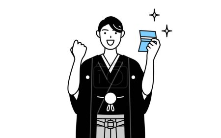 Téléchargez les illustrations : Homme portant Hakama avec crête qui est heureux de voir un livre de banque, Illustration vectorielle - en licence libre de droit