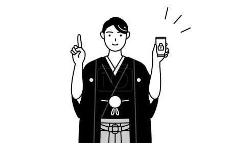 Ilustración de Hombre vistiendo Hakama con cresta tomando medidas de seguridad para su teléfono, Vector Illustration - Imagen libre de derechos