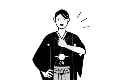 Illustration for Man wearing Hakama with crest tapping his chest, Vector Illustration - Royalty Free Image