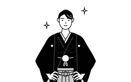 Illustration for Man wearing Hakama with crest with his hands on his hips, Vector Illustration - Royalty Free Image
