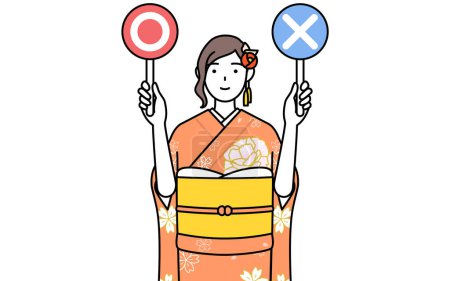 Illustration for Hatsumode at New Year's and coming-of-age ceremonies, graduation ceremonies, weddings, etc, Woman in furisode holding a placard indicating correct and incorrect answers, Vector Illustration - Royalty Free Image