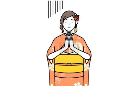 Illustration for Hatsumode at New Year's and coming-of-age ceremonies, graduation ceremonies, weddings, etc, Woman in furisode apologizing with her hands in front of her body, Vector Illustration - Royalty Free Image