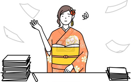 Illustration for Hatsumode at New Year's and coming-of-age ceremonies, graduation ceremonies, weddings, etc, Woman in furisode who is fed up with her unorganized business, Vector Illustration - Royalty Free Image