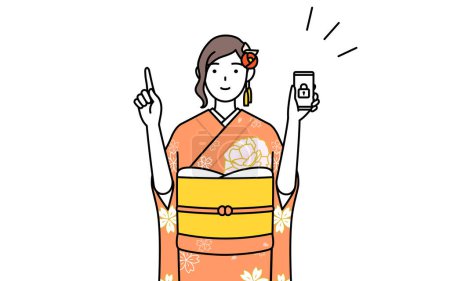 Ilustración de Hatsumode en las ceremonias de Año Nuevo y la mayoría de edad, ceremonias de graduación, bodas, etc, Mujer en furisode tomar medidas de seguridad para su teléfono, Vector Ilustración - Imagen libre de derechos