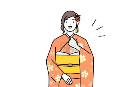 Illustration for Hatsumode at New Year's and coming-of-age ceremonies, graduation ceremonies, weddings, etc, Woman in furisode tapping her chest, Vector Illustration - Royalty Free Image