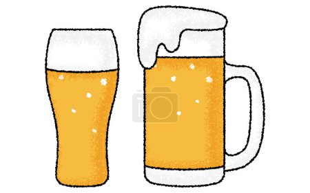 Illustration for Beer mug and beer glass overflowing with bubbles, hand-drawn analog touch, Vector Illustration - Royalty Free Image