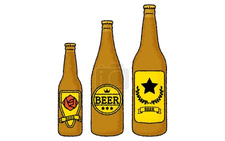 Illustration for Bottled beer (large, medium and small bottles) with hand-drawn, analog touch, Vector Illustration - Royalty Free Image