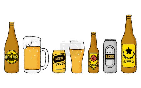 Illustration for Set of bottled beer, canned beer and beer mugs with hand-drawn, analog touch, Vector Illustration - Royalty Free Image