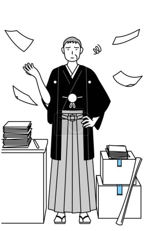 Illustration for New Year's Day and weddings, Senior man wearing Hakama with crest who is fed up with his unorganized business, Vector Illustration - Royalty Free Image