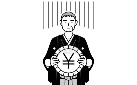 Illustration for New Year's Day and weddings, Senior man wearing Hakama with crest an image of exchange loss or yen depreciation, Vector Illustration - Royalty Free Image