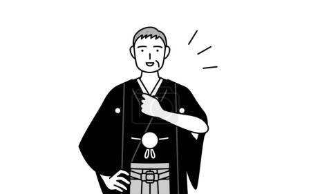 Illustration for New Year's Day and weddings, Senior man wearing Hakama with crest tapping his chest, Vector Illustration - Royalty Free Image