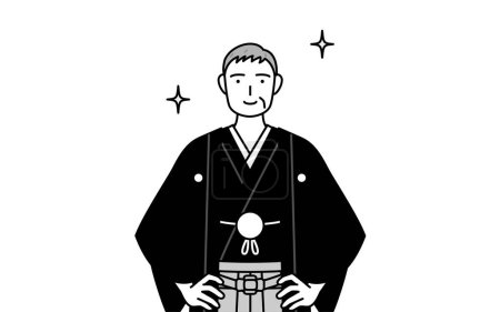 Illustration for New Year's Day and weddings, Senior man wearing Hakama with crest with his hands on his hips, Vector Illustration - Royalty Free Image
