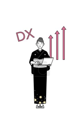 Téléchargez les illustrations : Image de DX, salutation du Nouvel An et mariages, Femme âgée en kimono qui a réussi à améliorer son entreprise, Illustration vectorielle - en licence libre de droit