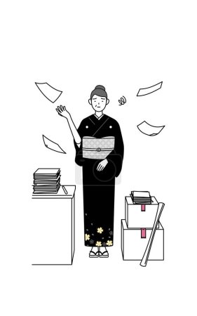 Illustration for New Year's greeting and weddings, Senior woman in kimono who is fed up with her unorganized business, Vector Illustration - Royalty Free Image