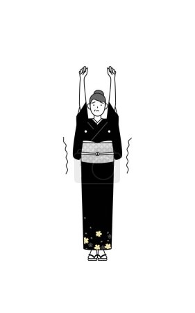 Illustrazione per Saluto e matrimoni di Capodanno, Donna anziana in kimono allungamento e in piedi alto, Illustrazione vettoriale - Immagini Royalty Free