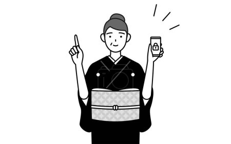 Ilustración de Saludo de Año Nuevo y bodas, Mujer mayor en kimono tomando medidas de seguridad para su teléfono, Vector Illustration - Imagen libre de derechos