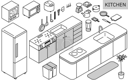 Illustration for Illustration of kitchen utensils needed for new life, simple isometric, monochrome, Vector Illustration - Royalty Free Image