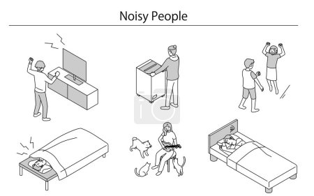 Illustration for Noise problems in rental properties: people making noise in apartments and condominiums, Vector Illustration - Royalty Free Image