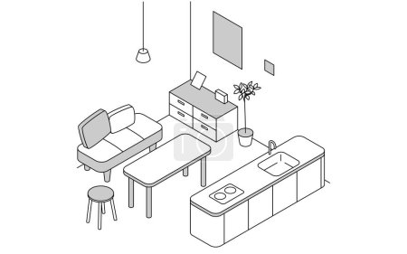 Illustration for Room for rent: Dining room, simple isometric with island kitchen and dining table, Vector Illustration - Royalty Free Image