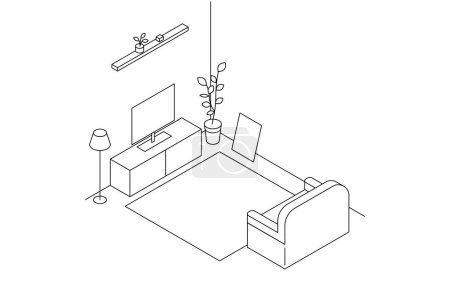 Illustration for Finding a room for rent: living room, TV and sofa simple isometric, Vector Illustration - Royalty Free Image