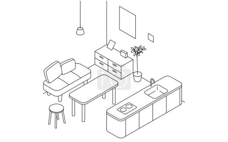 Illustration for Room for rent: Dining room, simple isometric with island kitchen and dining table, Vector Illustration - Royalty Free Image
