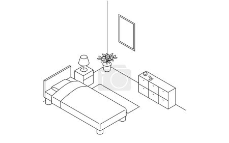 Illustration for Finding a room for rent: bedroom, simple isometric with bed and bedside lighting, Vector Illustration - Royalty Free Image